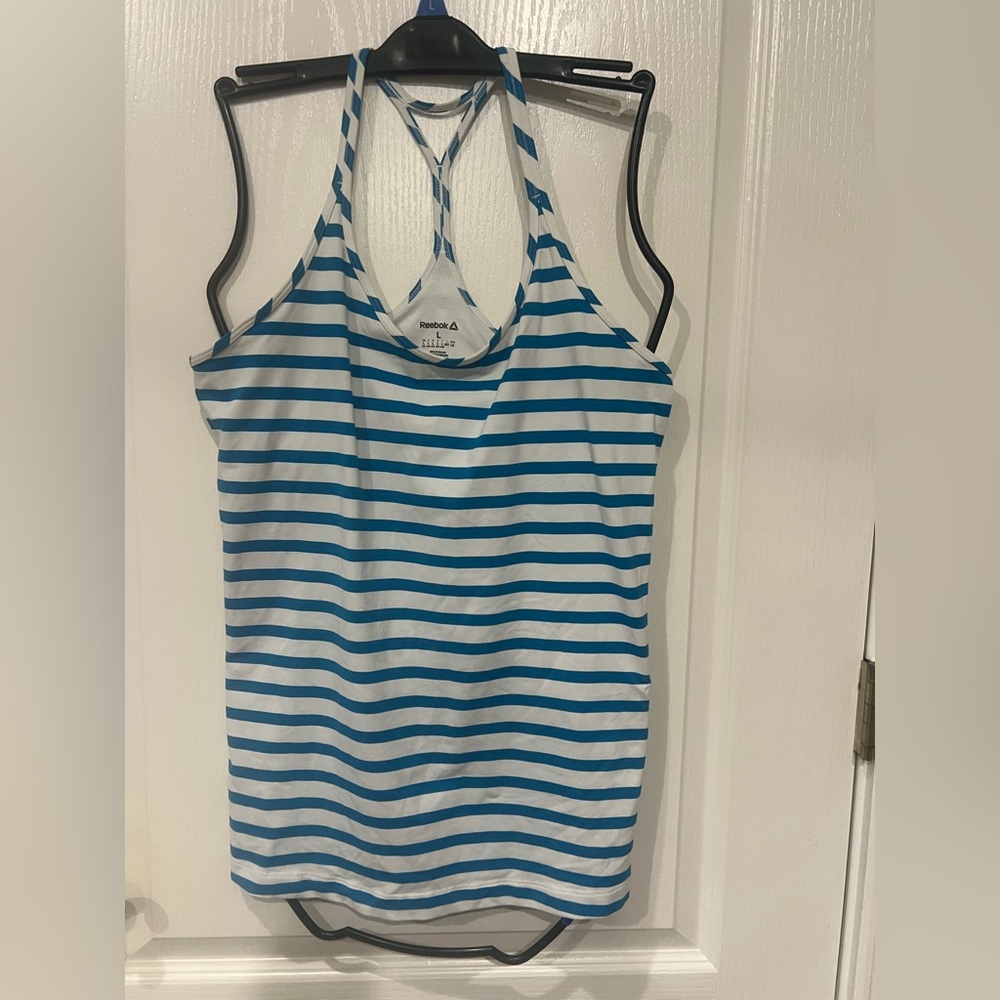 Reebok Blue and White Striped Tank Top